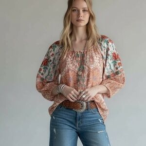 Tolani Multicolor Floral Embroidered Boho Blouse